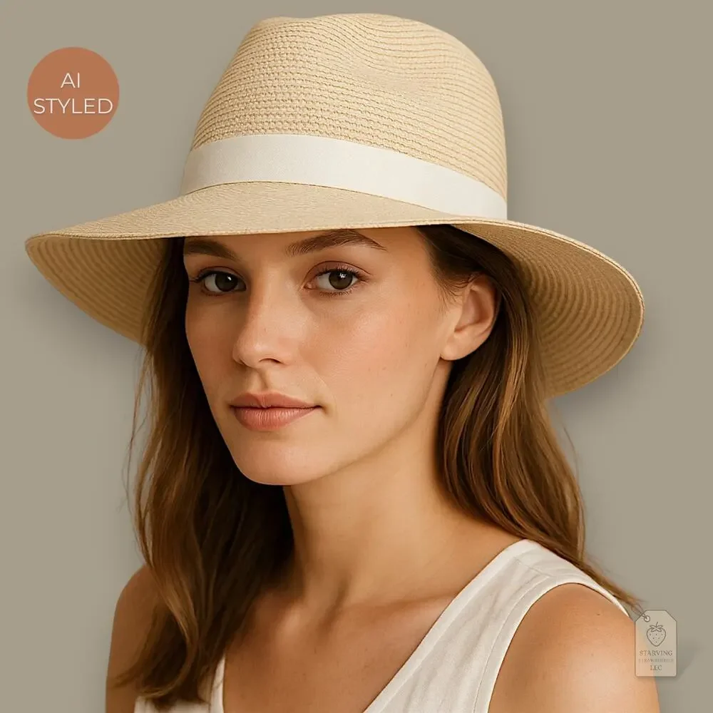 Banana Republic Straw Fedora Hat M/L Beige Wide Brim Sun Hat Lightweight Summer - Picture 2 of 3